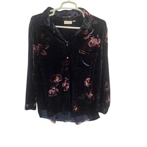 Belle by Kim Gravel Navy Blue Floral Velvet Button Down Shirt Plus Size‎ 2X